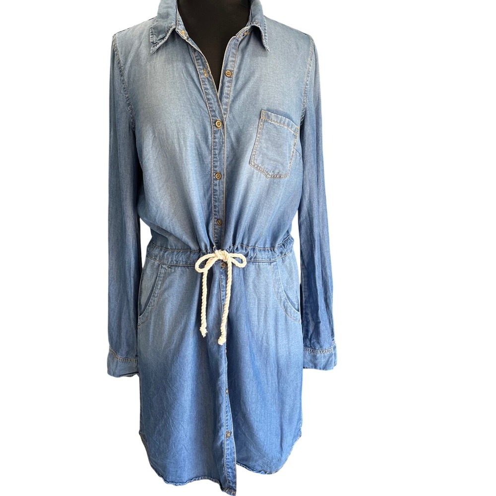 Splendid Womens Blue Denim Shirt Dress Long Sleeve Drawstring Waist Large